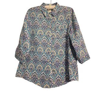 Chico's No Iron 100% Linen Multicolor Scallop Print Button Up Blouse Shirt Sz 2